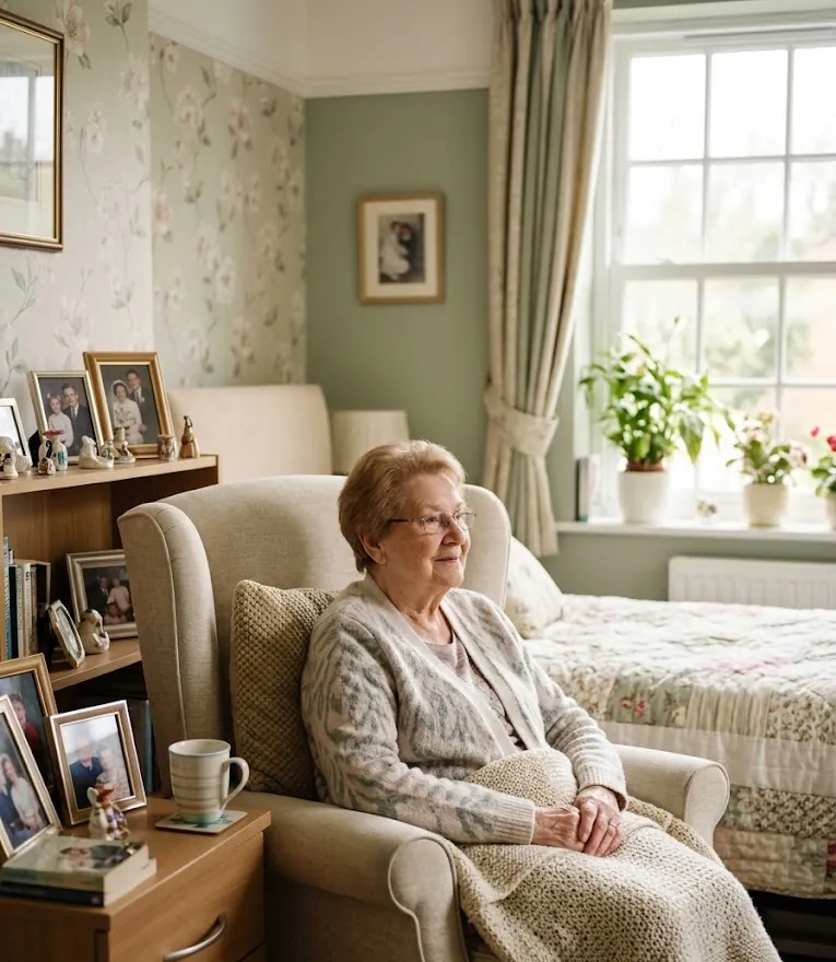 A resident relaxing in her armchair in her own room, surrounded by family photographs
